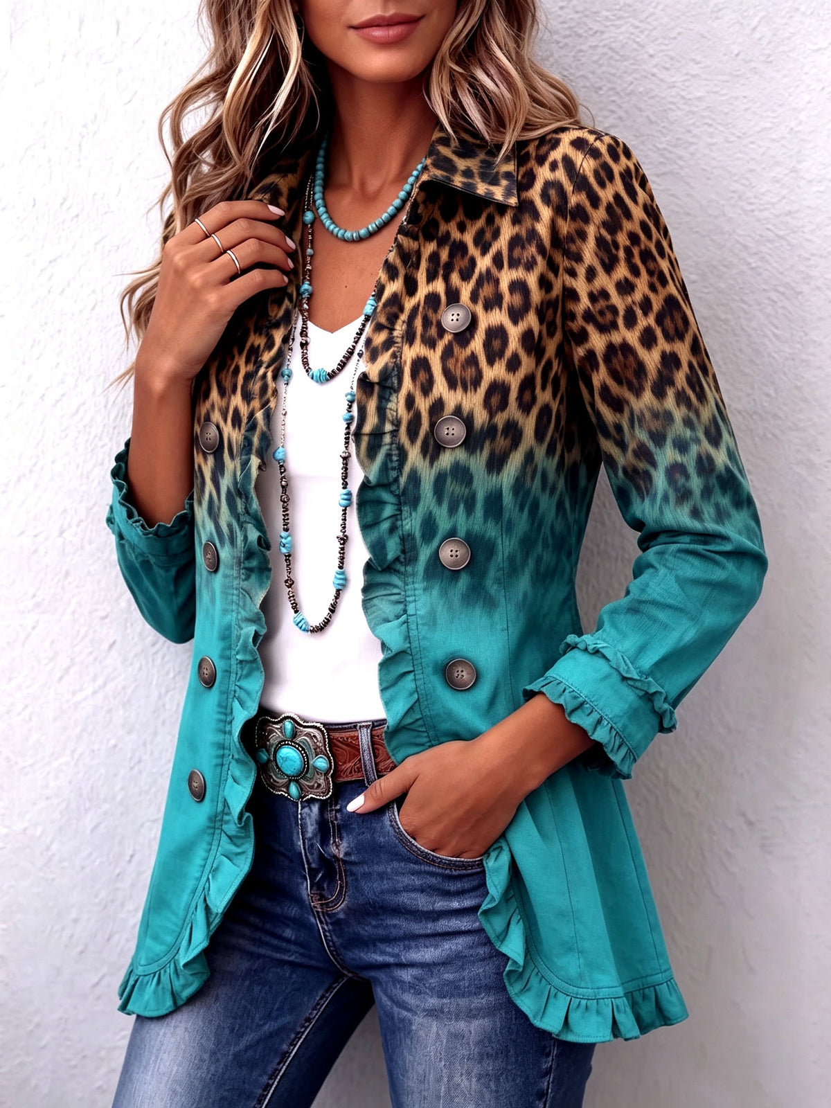 Elspeth™ | Blazerjakke med flæser i leopard-ombré