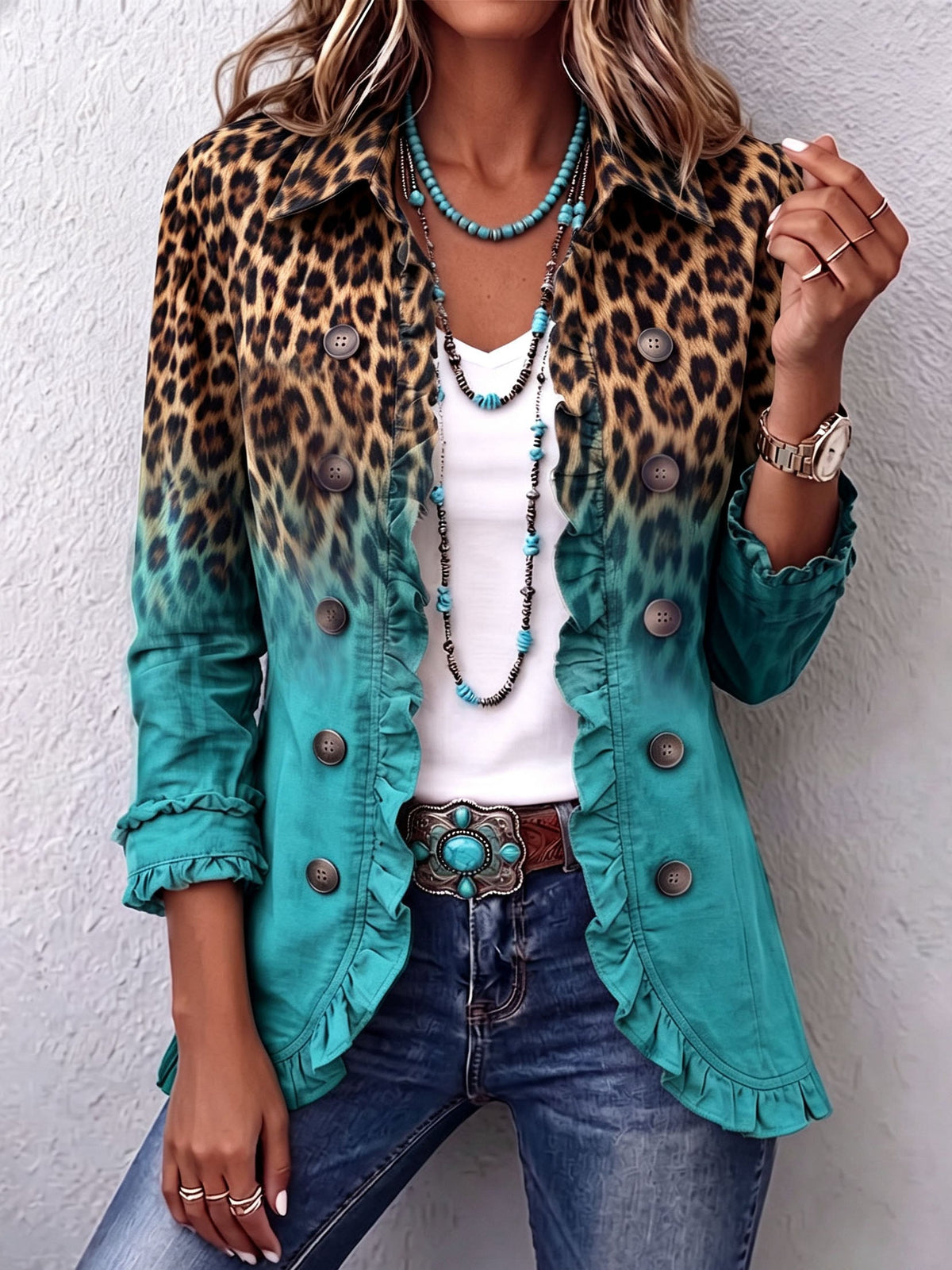 Elspeth™ | Blazerjakke med flæser i leopard-ombré